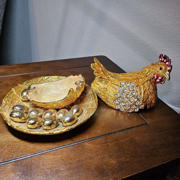 Bejeweled Metal Trinket Box/Figurine With Rhinestones-Hen on nest - Picture 2 of 5